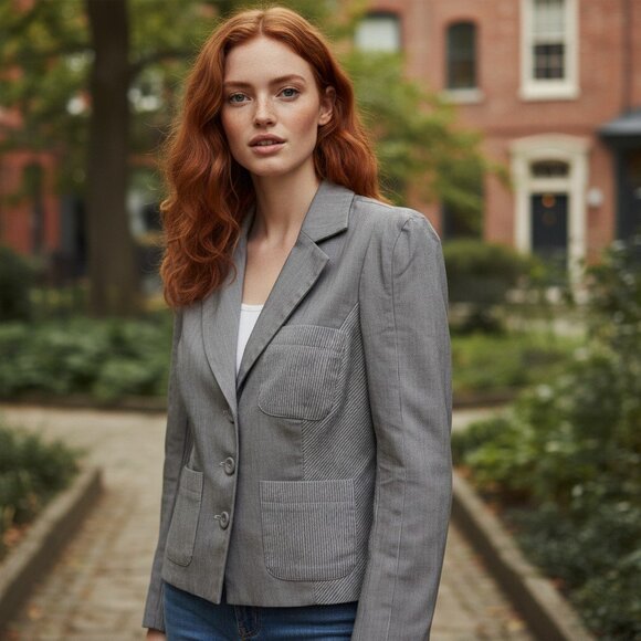 DIANE VON FURSTENBERG DVF Pinstriped Peplum Blazer 6 M Crop Jacket Seersucker - Picture 15 of 15